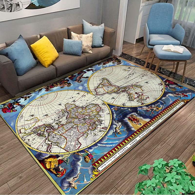 Antique World Map Carpet suitable as a non-slip mat for the living room or bedroom sofa