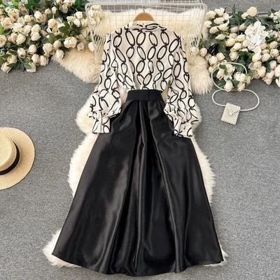 Korean Fashion Long Sleeve Dresses 2024 Spring New Fake Two Piece Print Dress for Women Mid-length Loose Vestidos Mujer