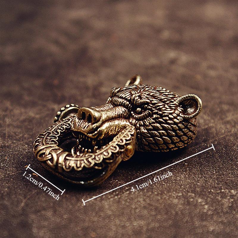 Brass Domineering Bear Buckle Car Keychain Creative Retro Chinese Style Male Trend Motorcycle Personality Keychain Circle