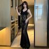 Black sleeveless lace perspective slim fishtail dress temperament elegant and thin waist pure desire style sexy dress skirt