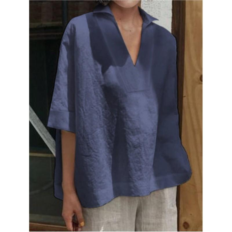 Women Spring and Summer Solid Half Sleeve Cotton Linen Top Plus Size V-neck Loose Casual Blouse