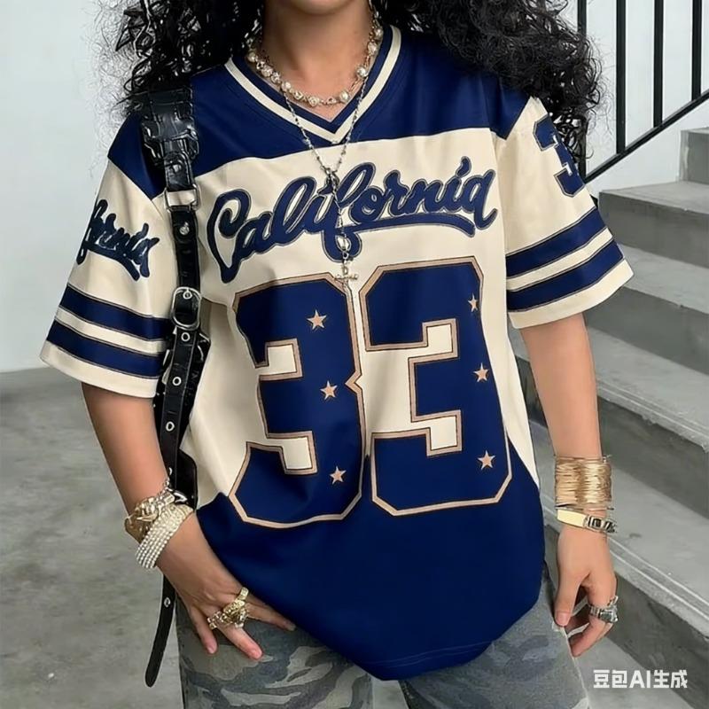 Women's Girls Casual Personality Number & Letter Printing Soccer Pattern Color Block Short Sleeve V-Neck Children T-shirt Tops