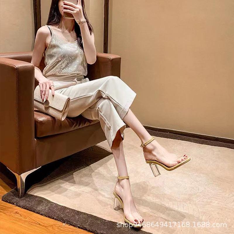 

Transparent sandals sexy crystal shoes summer new simple one-word buckle fairy thick high heels 40