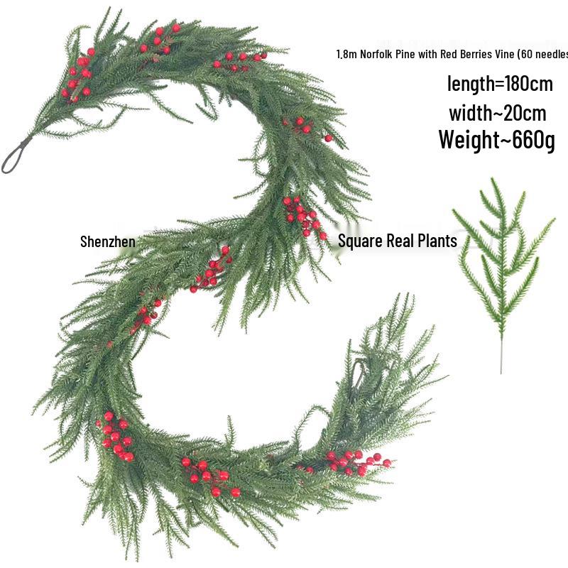 Artificial Norfolk Pine Wreath with Red Berries & Rattan Vines for Cross-Border Christmas Decoration