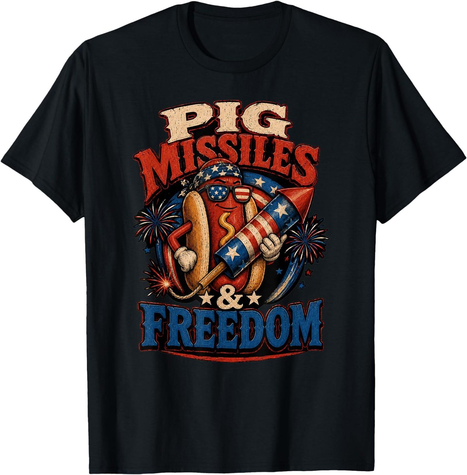 Pig Missiles and Freedom Fireworks Hot Dog Independence Day T-Shirt S