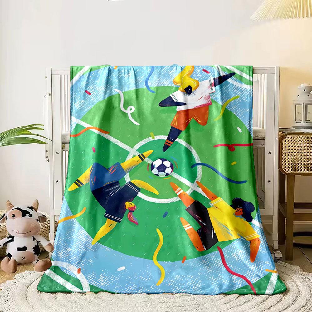 Three abstract figures on a soccer field surround the ball with colorful confetti. for all seasons blanket lunch break throw gift