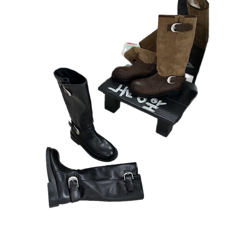 Cowhide version buckle locomotive boots long boots women's thick heel round head splicing western boots pleated stacking boots knight boots