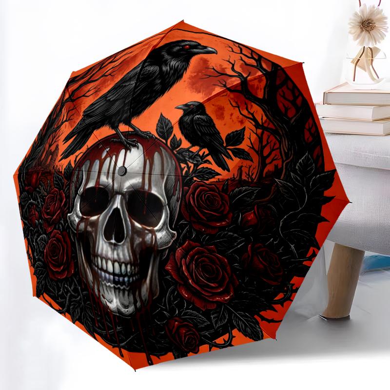 1 szt. Solidny parasol automatyczny z 8 żebrami, Parasol Aura z Gotyckim Krukiem, Czaszką i Krwią, Drukowany cyfrowo, Składany parasol do użytku na zewnątrz w podróży