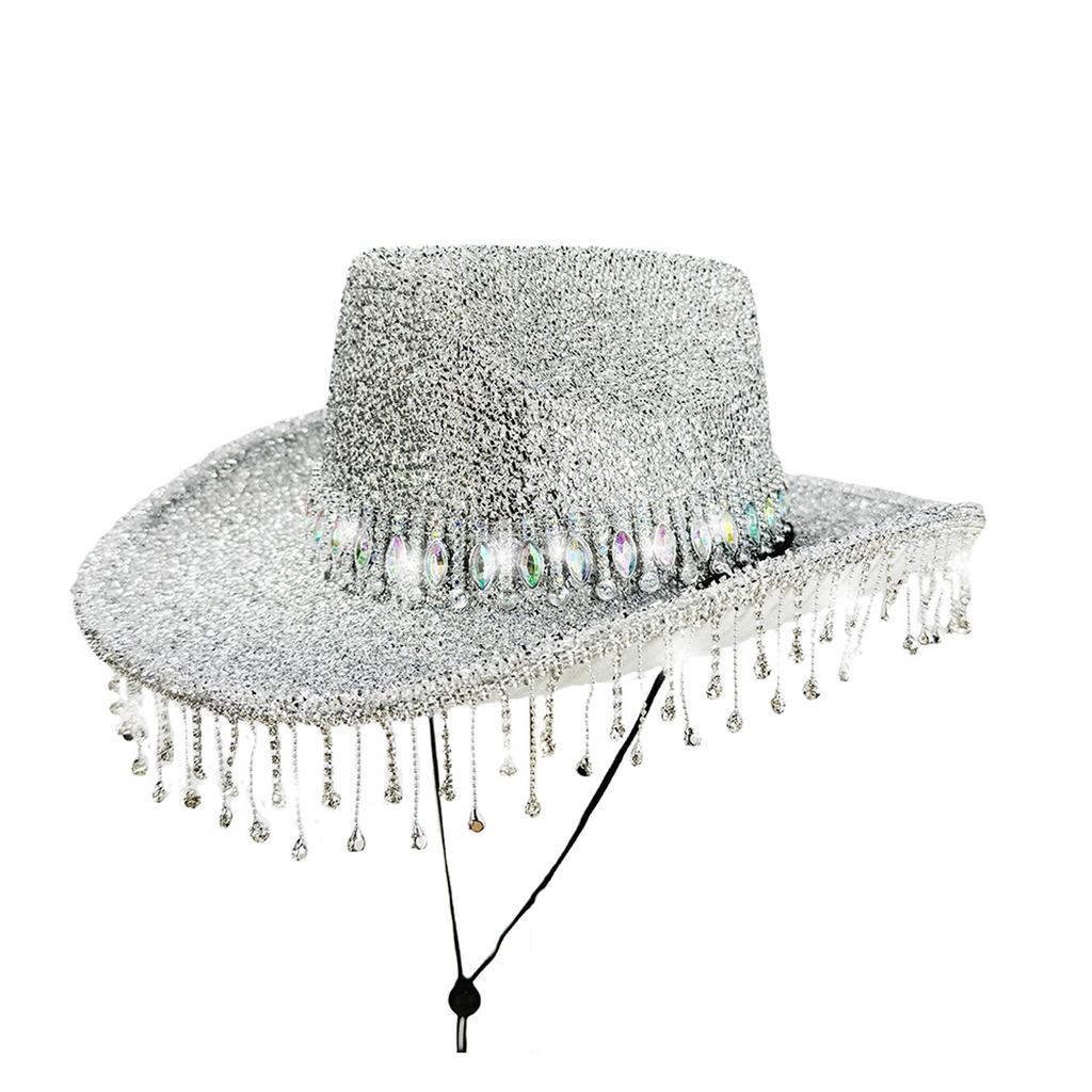 Bling Cowgirl Hat Rhinestone Tassels Western Panama Jazz Caps for Wedding Rave Party Travel Accessorie Women Wide Brim Hats