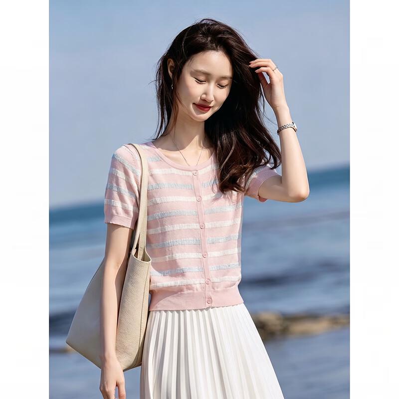 Awakening Paradise Striped Short Sleeve Knit Pullover Top One Size