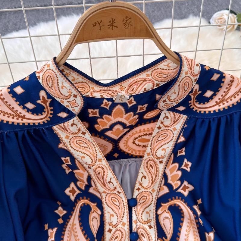 Vintage Evening Dress for Women Print Pleated Puff Sleeve Vestidos Button Designer Femme Robe Temperament Office Lady Ropa Mujer