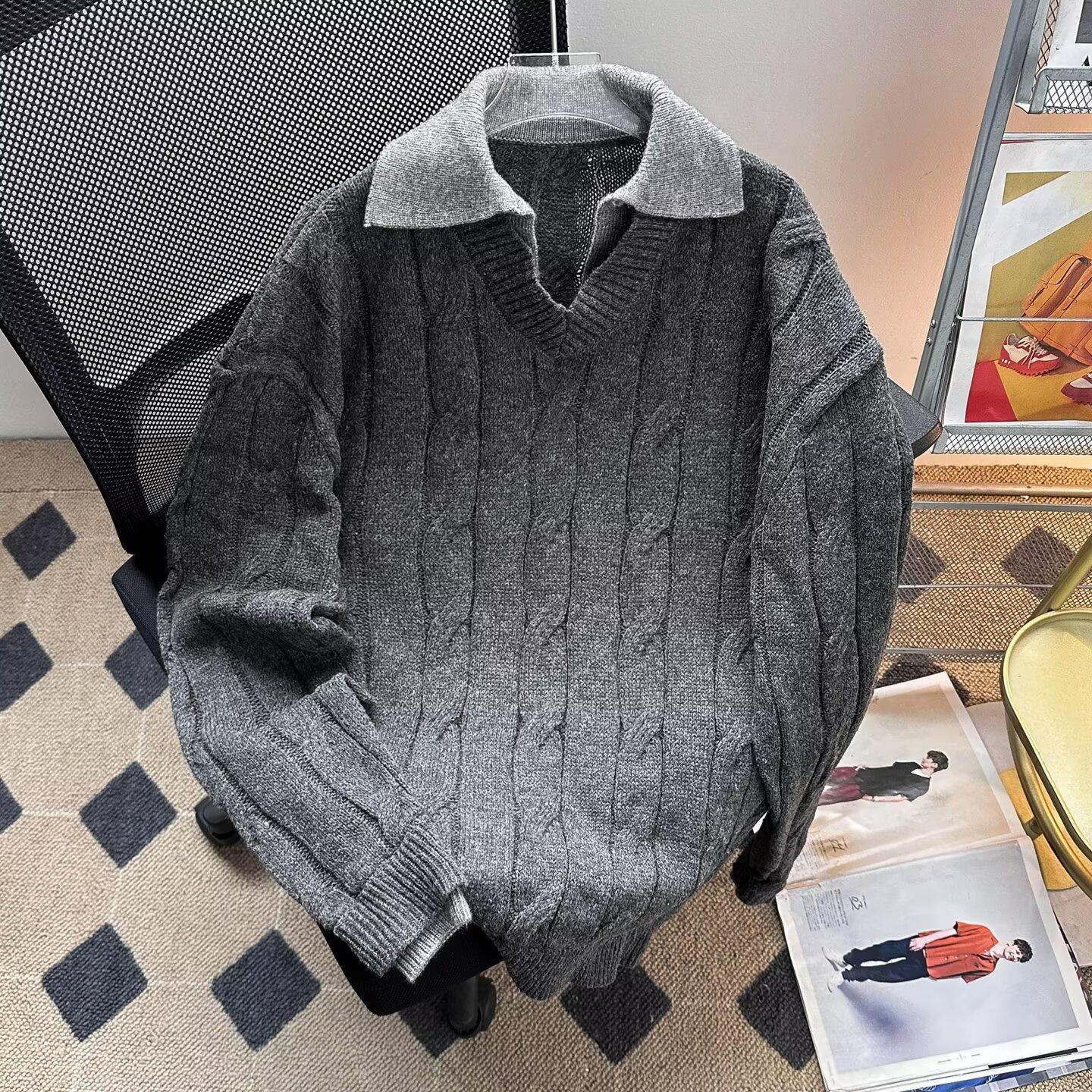 Fake two-piece twist polo neck sweater men s autumn trendy brand versatile pullover thread jacket American retro loose knitted sweater M