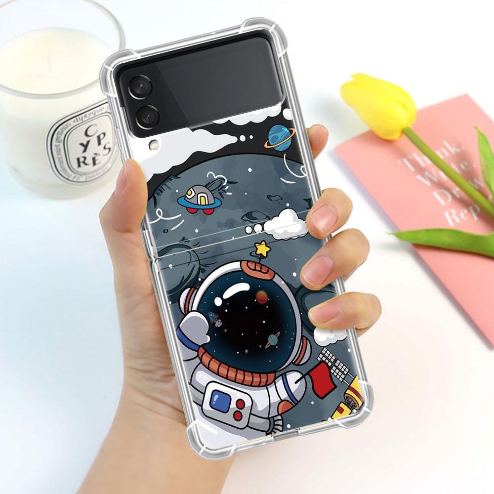 Luxury Case For Samsung Galaxy Z Flip 3 4 5G Funda Z Flip3 Clear PC Hard Shockproof Back Phone Coque Shell Astronaut Universe