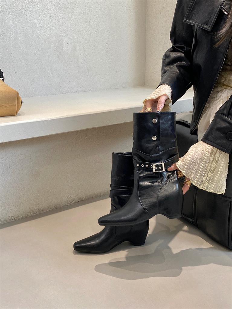 ALIGUIFEI two-wear folded short boots inner heightening suede western boots women's autumn and winter belt buckle medium boots