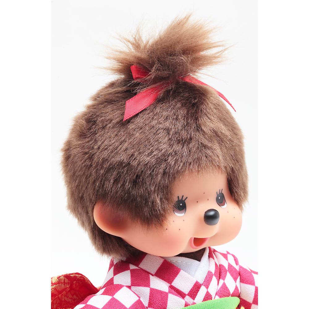 Kyugetsu Official Original Monchhichi Doll in Kimono, Girl, Checkered Pattern, Red IPM-13-Z