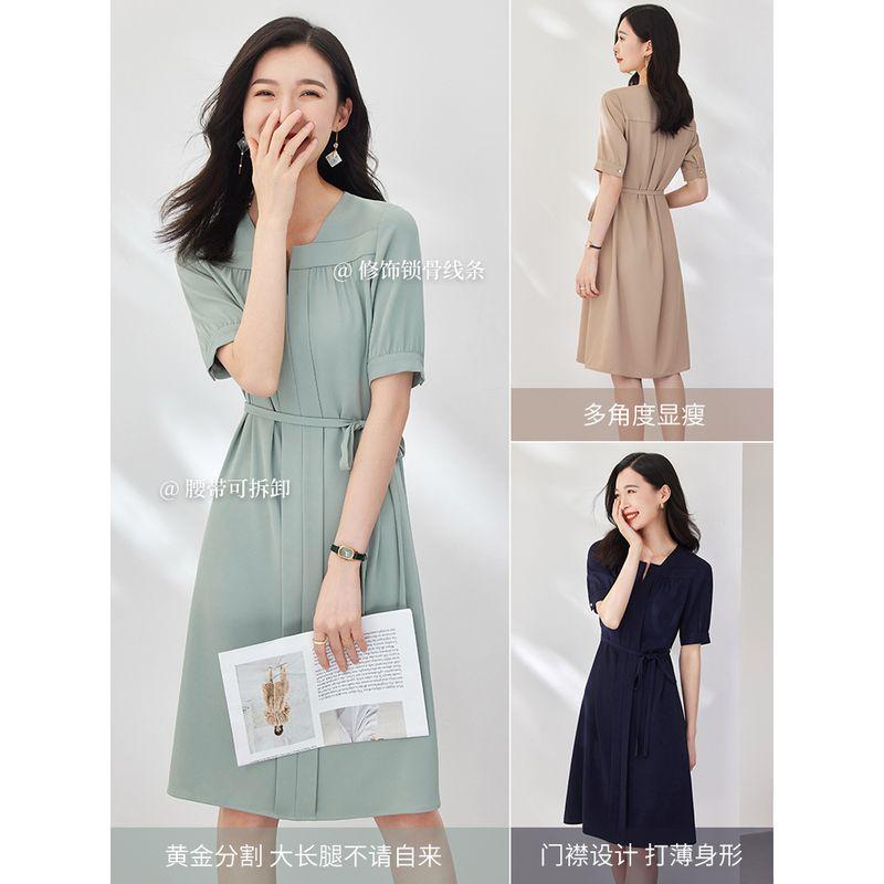 

OSA Waist-Tight Slimming Retro Shirt Short Sleeve Dress Gray Green XS