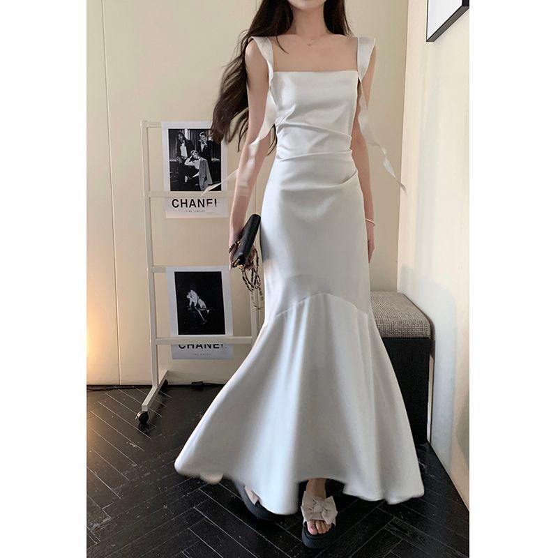 

But You Butyou White Satin Suspenders Dress Women s Summer Elegant Fishtail Long Engagement Party Dress White S