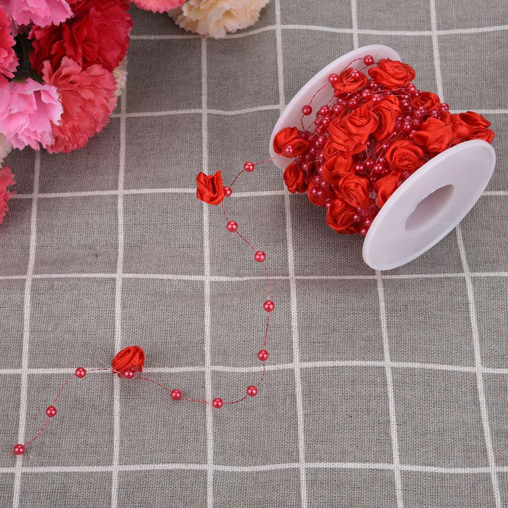 10mroll Rose Artificial Pearl Wire Beads Garland String DIY Wedding Decoration(red)