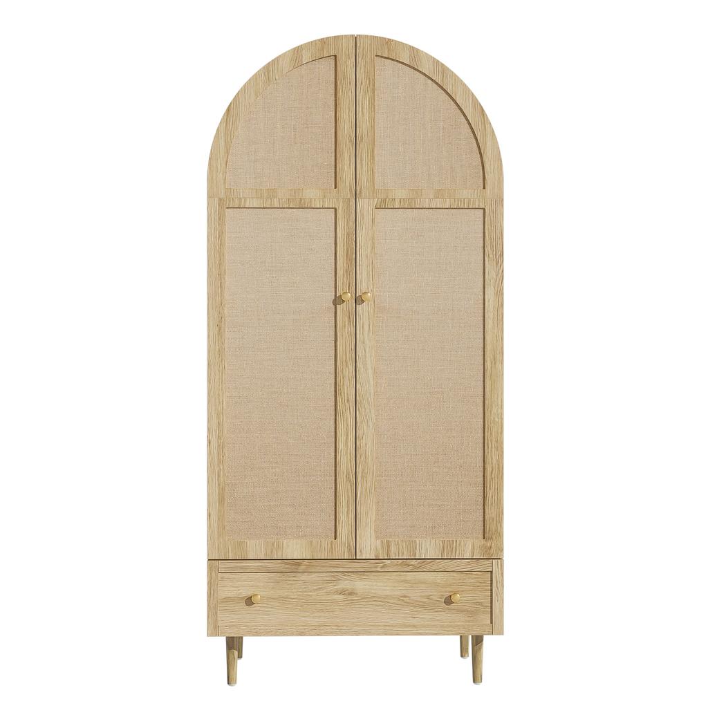 Kleiderschrank mit Schubladen, Holztüren mit Leinenstoffbezug, Großer Stauraum, Kleiderschrank für Schlafzimmer, Moderne Aufbewahrungslösung