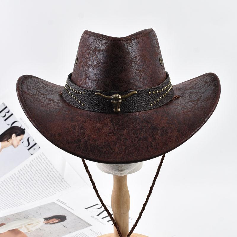 

Ethnic Style Western Cowboy Hat Vintage Faux Leather Big-edge Jazz Hats Outdoor Travel Knight Hats One Size