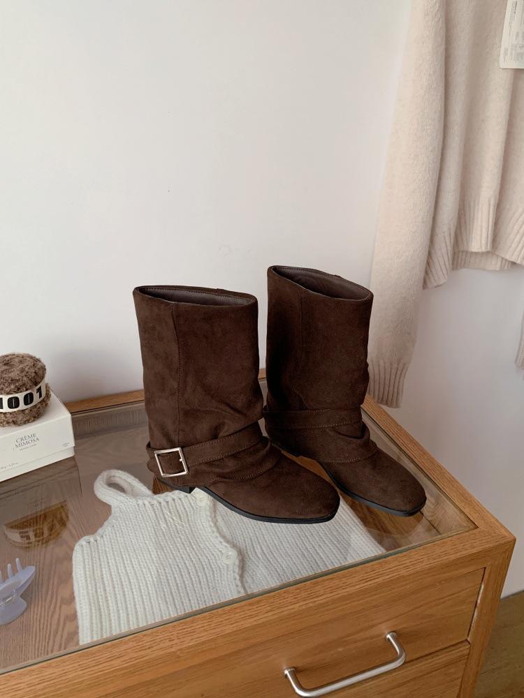 Retro fyrkantig tå tjock klack 2025 höst och vinter mid-tube stövlar dammode spänne fyrkantig tå damkängor tunna damstövlar