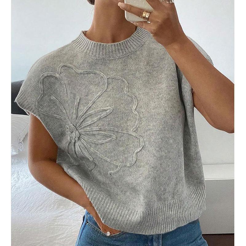New European and American Loose Women's Sweater Solid Color Knitted Embroidered Sleeveless Vest