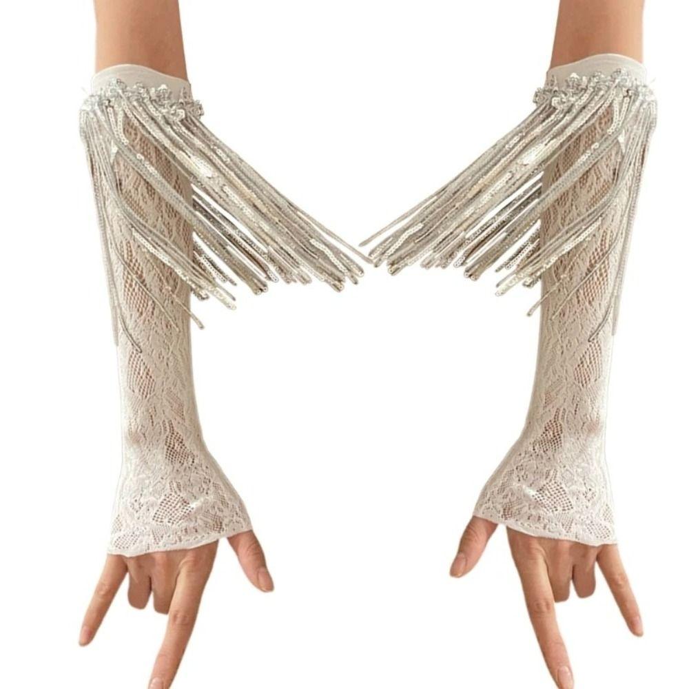 

Блестящие кружевные митенки, эластичные рукава с блестками, модные кисточки, нарукавники для вечеринки белый