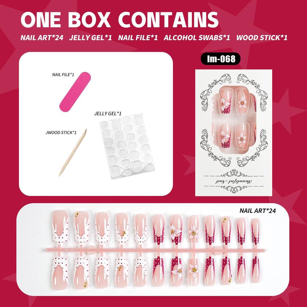 Hand-Set Rhinestone Press-On Nails: Medium Square Tips with 3D Pink Flowers & Gold Accents, 24 Pieces