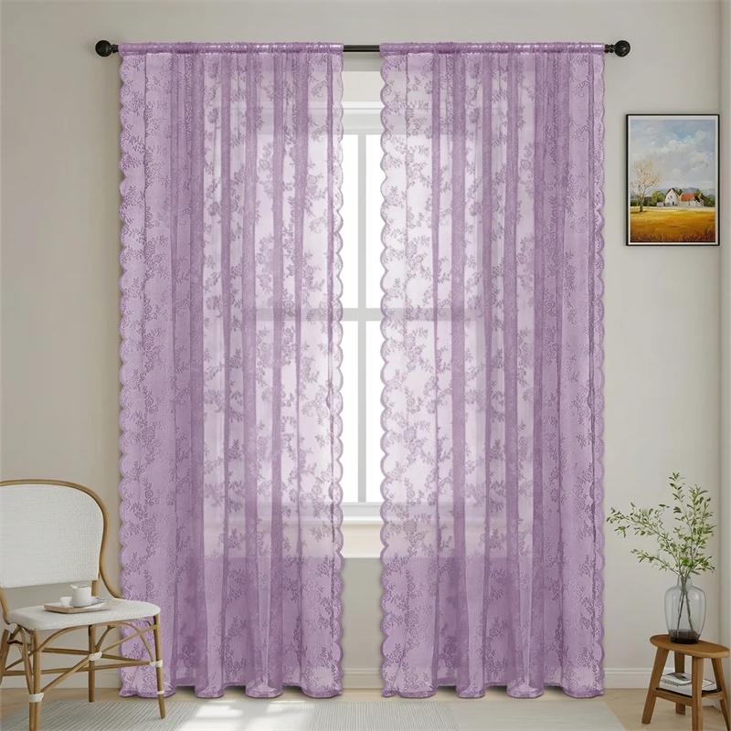 1 Panel Vintage Lace Curtains Rod Pocket Sheer Curtain Long-Romantic Flowers Branch Window Curtain for Living Room French Decor