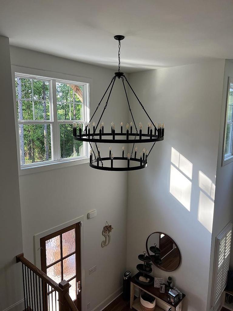 Farmhouse Industrial Rustic Black Wheel Chandelier for Dining Room, Bedroom, Foyer, or Living Room.