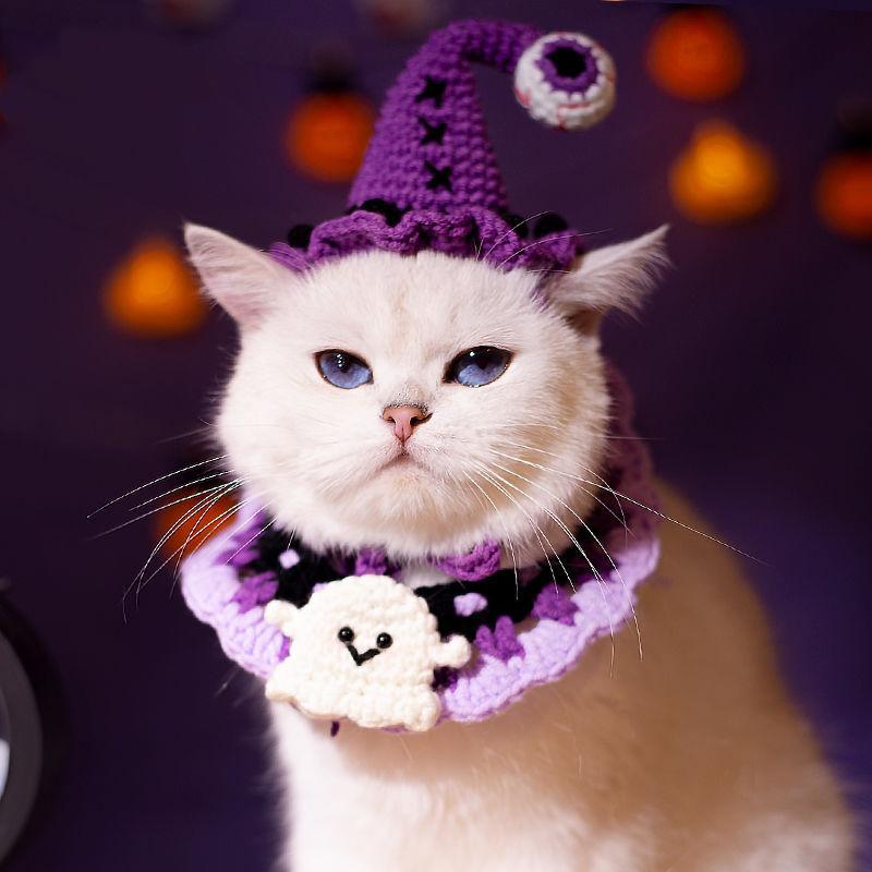 Cute Halloween Pet Cat Dog Woven Scarf Hat Clothing Collar Kawaii Cartoon Cats Dress Up Clothing Costume Pet Accessories