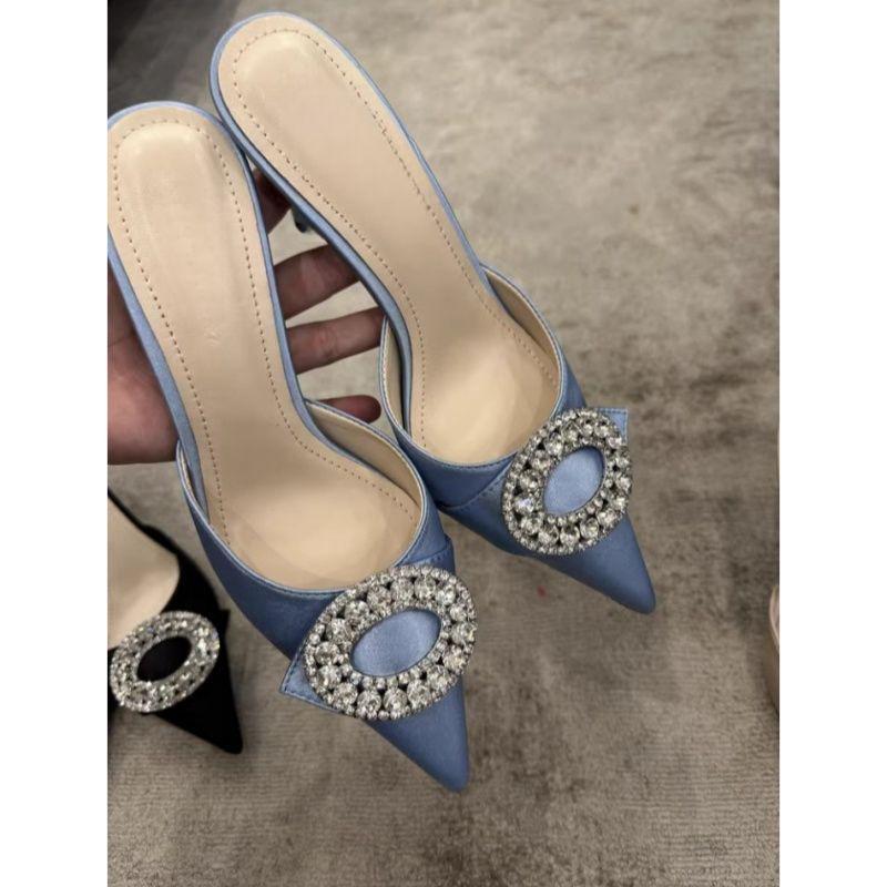 Women's Rhinestone Stiletto Heels - Pointed Toe, Square Buckle, Versatile Half Slippers