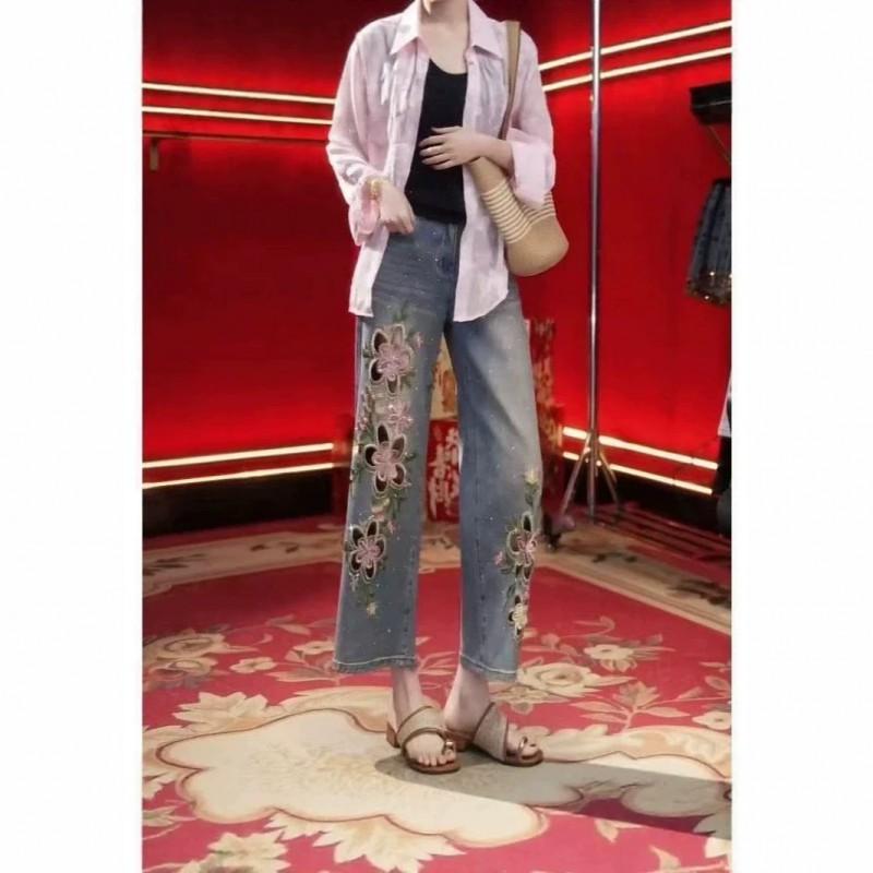 Womens High-Waisted Wide-Leg Straight Jeans 2026 Thin Cotton Blend With Embroidery Cut-Out Detail