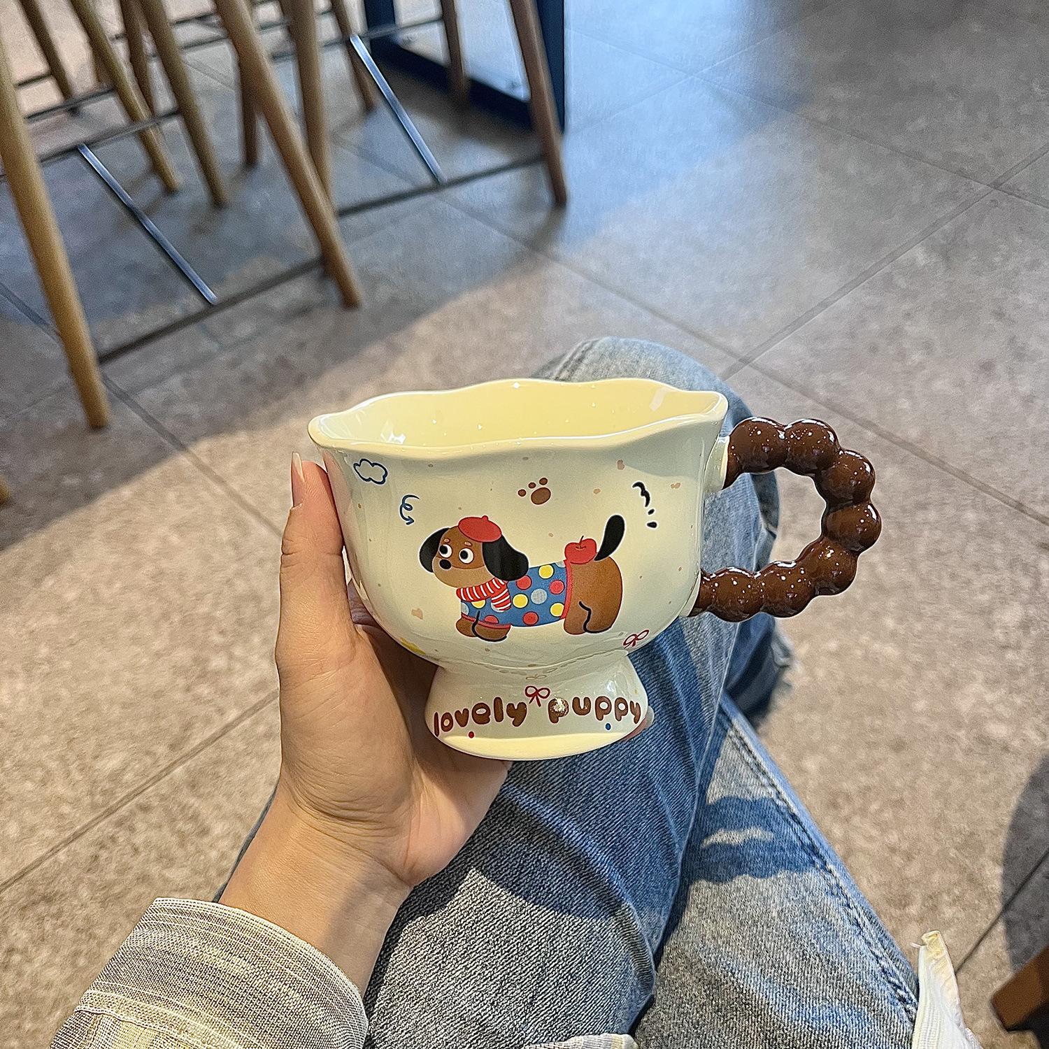Dashu Welpenbecher Niedlicher Kelchbecher Keramiktasse Wasserbecher Frauen Große Kapazität Zuhause Kaffee Frühstückstasse Kinder 301-400ml gray