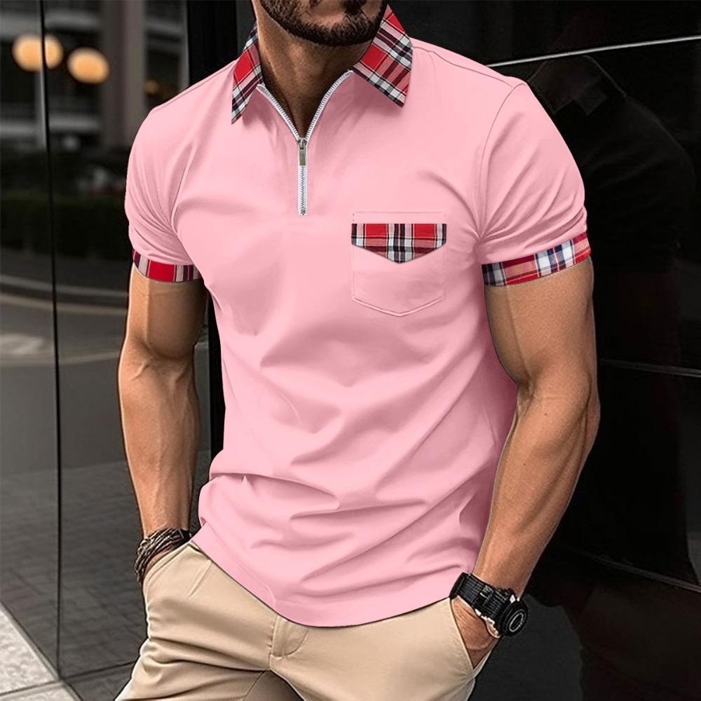 Men's summer casual T-shirts, checked polo shirts, zipped-pocket polo shirts, men's sports polo shirts