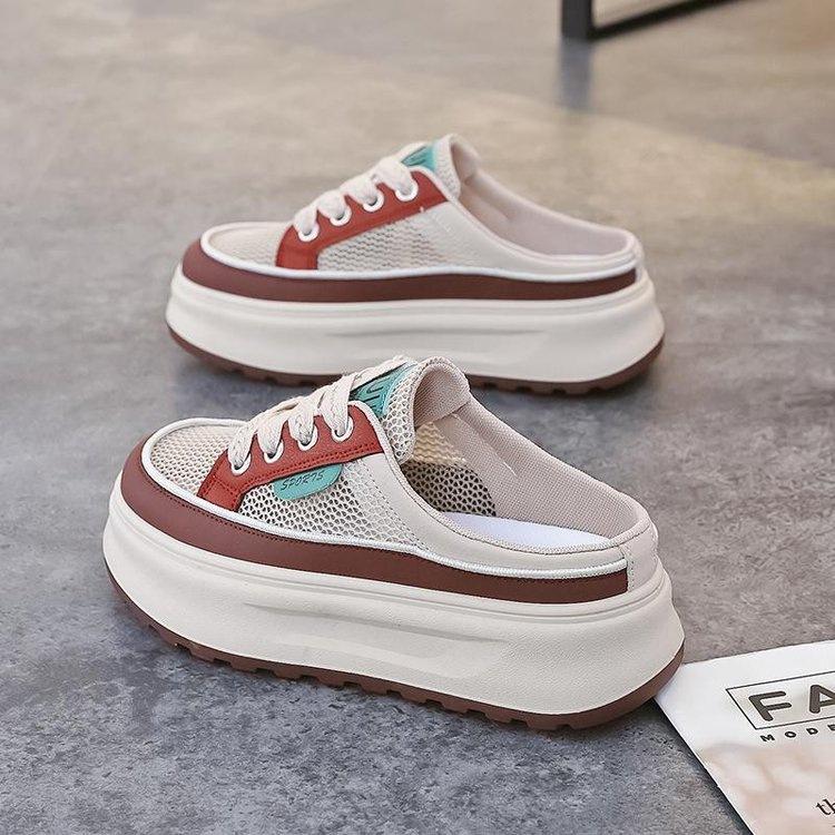 Baotou half slippers women's 2025 new summer breathable mesh shoes women's height increase casual thick sole one pedal sports sandals