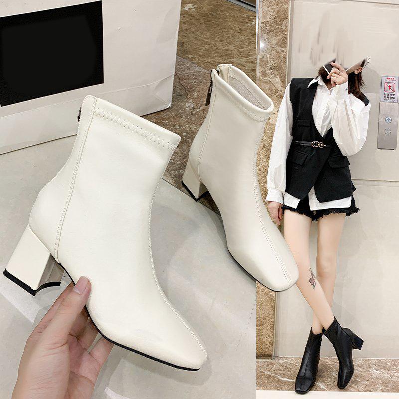 Dames Ensfarget Mote Høye Hæler med Glidelås bak Mote Støvletter Høye Støvletter Lærsko Midhøye Støvletter Damesko