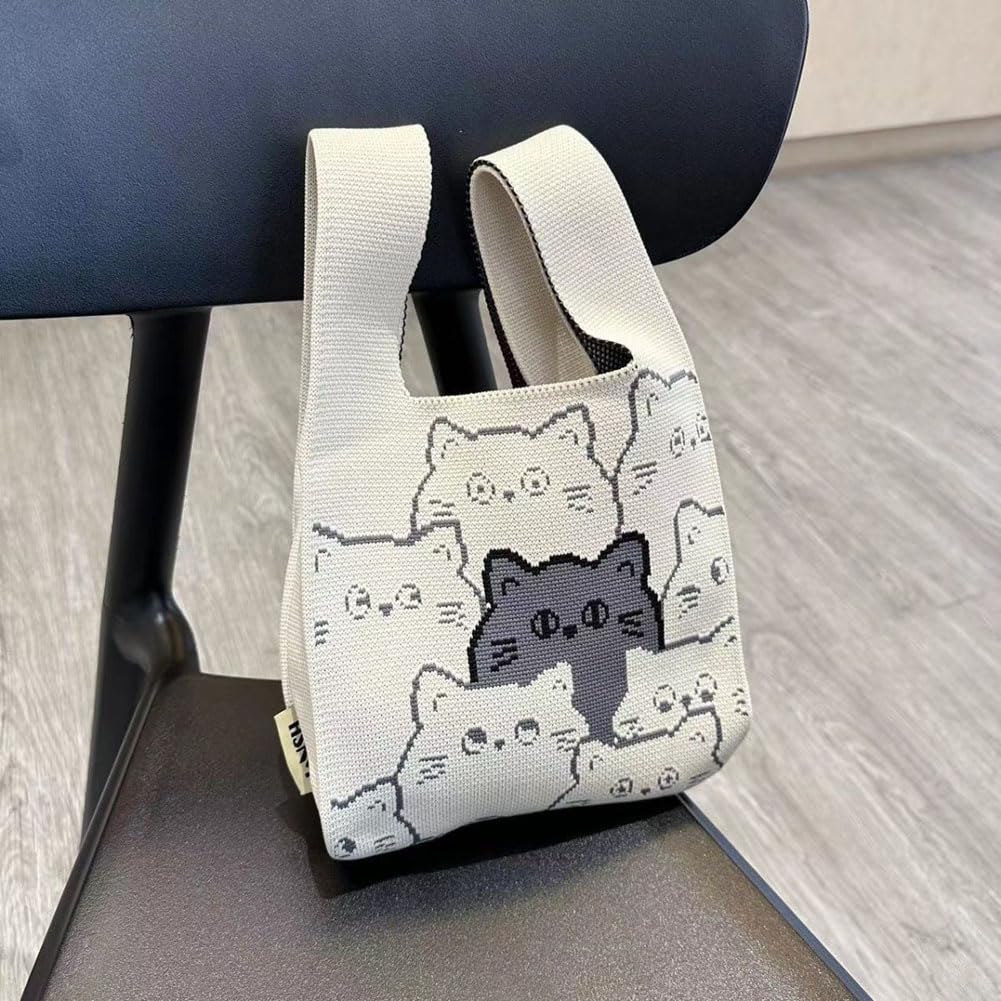 Huimei Knit Bag, Knit Tote Bag, Women's Mini Bag, Handbag with Cat Print, Cute, Compact, Lightweight, Soft, Casual, Sub-Bag (White)