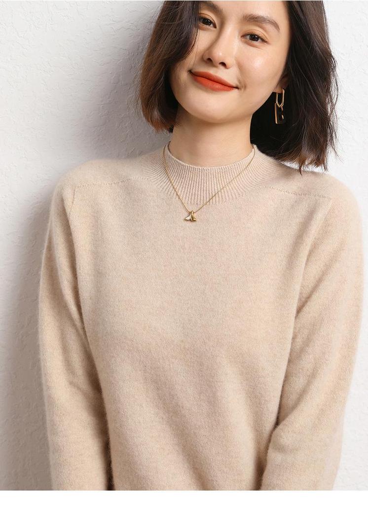 Women's Cashmere Half-High Neck Sweater - Thickened, Stylish Autumn/Winter Pullover Knit, Loose Fit, Versatile Base Layer