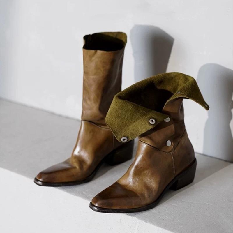 British style high-end sense niche lapel two wear western cowboy boots women's autumn and winter thick heel medium boots knight boots