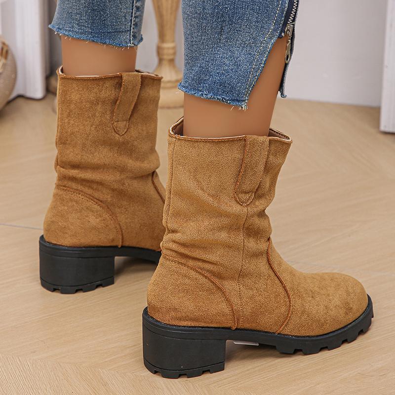 Lucyever Pleated Design Slip On Ankle Boots Woman 2024 Vinatge Flock Thick Heels Cowboy Boots Woman Plus Size Short Botas Mujer