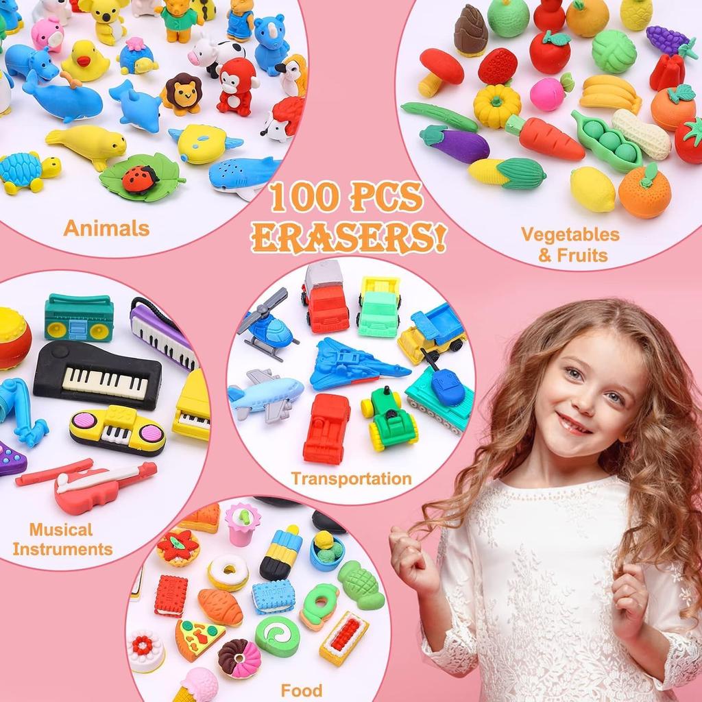 100pcs Cute Animal Erasers for Mini Puzzle Pencil Party Fun Eraser Set for Elementary School Mini Puzzle Pencil Class Carnival School Ages Kids,