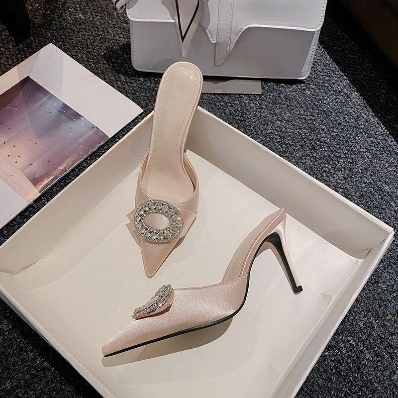High Heel Pointed Toe Satin Rhinestone Sandals Thin Heel Round Buckle Women Shoes