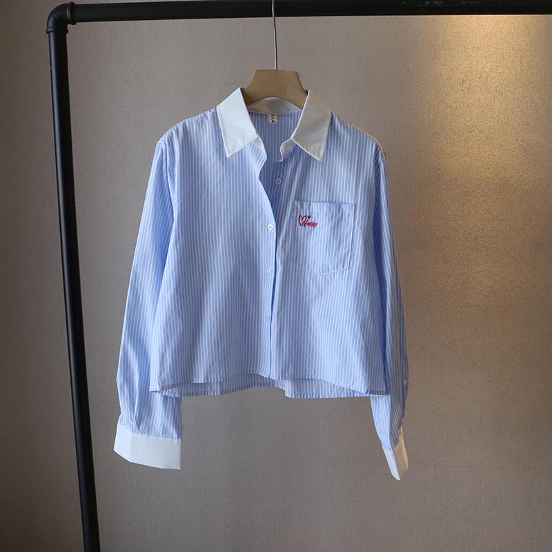 Korean Style Striped Embroidered Loose Long-Sleeve Women's Shirt - Hot Spring 2025 Trend