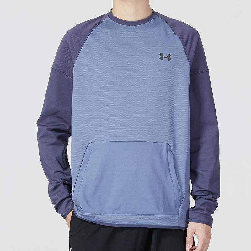 Under Armour Rush All Purpose Crew Color Block Large Pocket Logo Sports Casual Round Neck Loose Long Sleeve T-Shirt Men T-Shirts Blue 1376293-767