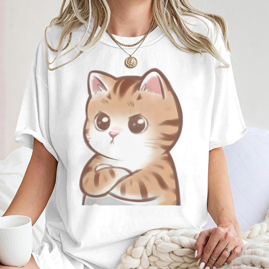 Funny Anime Cat Crossed Arms Print Tshirt Harajuku Kawaii Cat Graphic Tees Summer Casual Streetwear For Unisex And Unisex