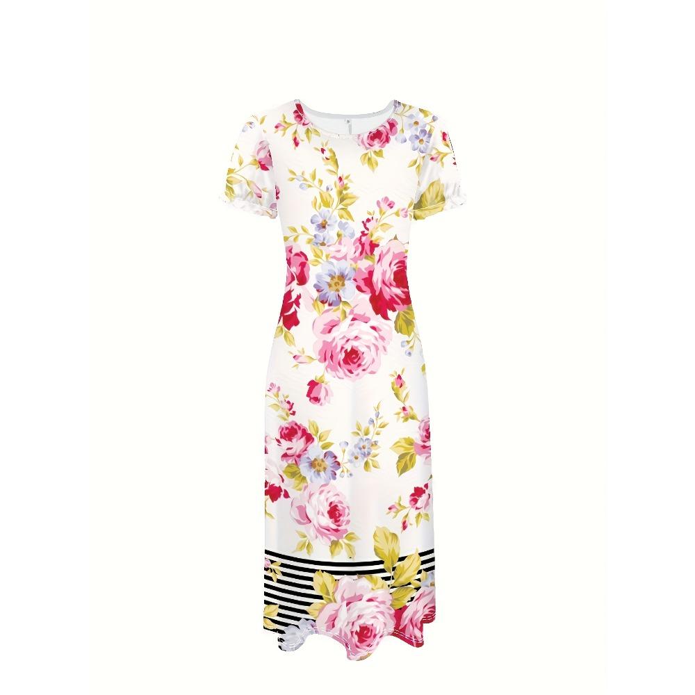Elegant plus-size fitted dress with round neck short sleeves, floral pattern, medium stretch