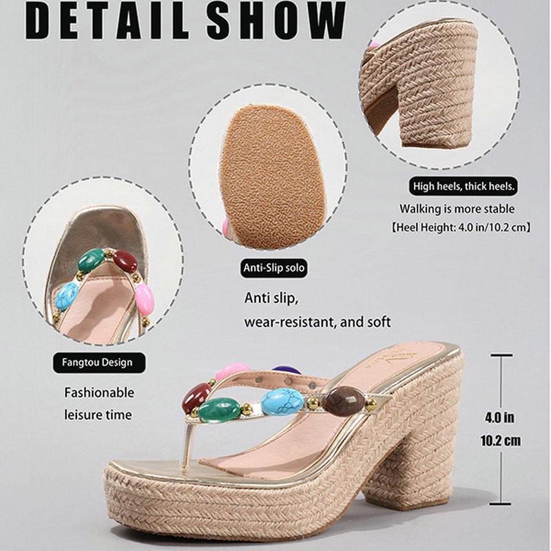 Fashion Hemp Rope Wedge Heel Sandals, Colorful Beaded Flip-Flops, Summer Casual Vacation High Heels