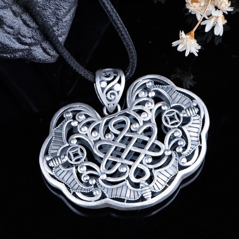 Sterling Silver Bat & Longevity Lock Pendant Necklace for Men & Women - Retro Sweater Chain Full Moon Gift