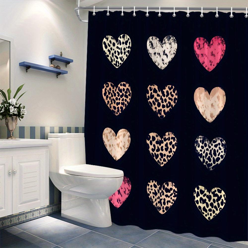 1pc Leopard & Zebra Heart Print Shower Curtain - Black Fabric with Beige & Pink Accents, Stylish Bathroom Decor W90XH180cm